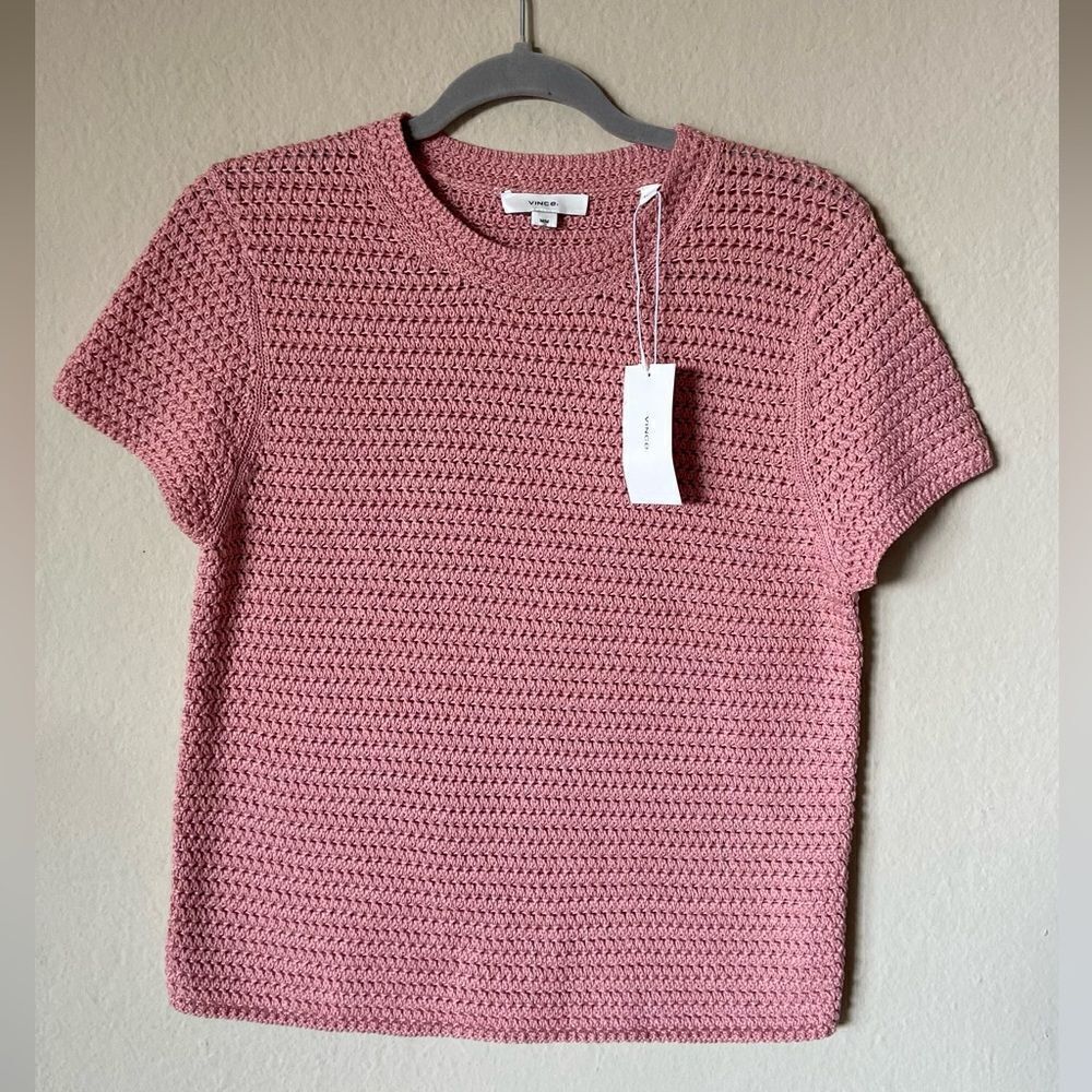 NWT Vince Crochet Knit Pink Sweater T Shirt Tee Short Sleeve Size M - Picture 5 of 9